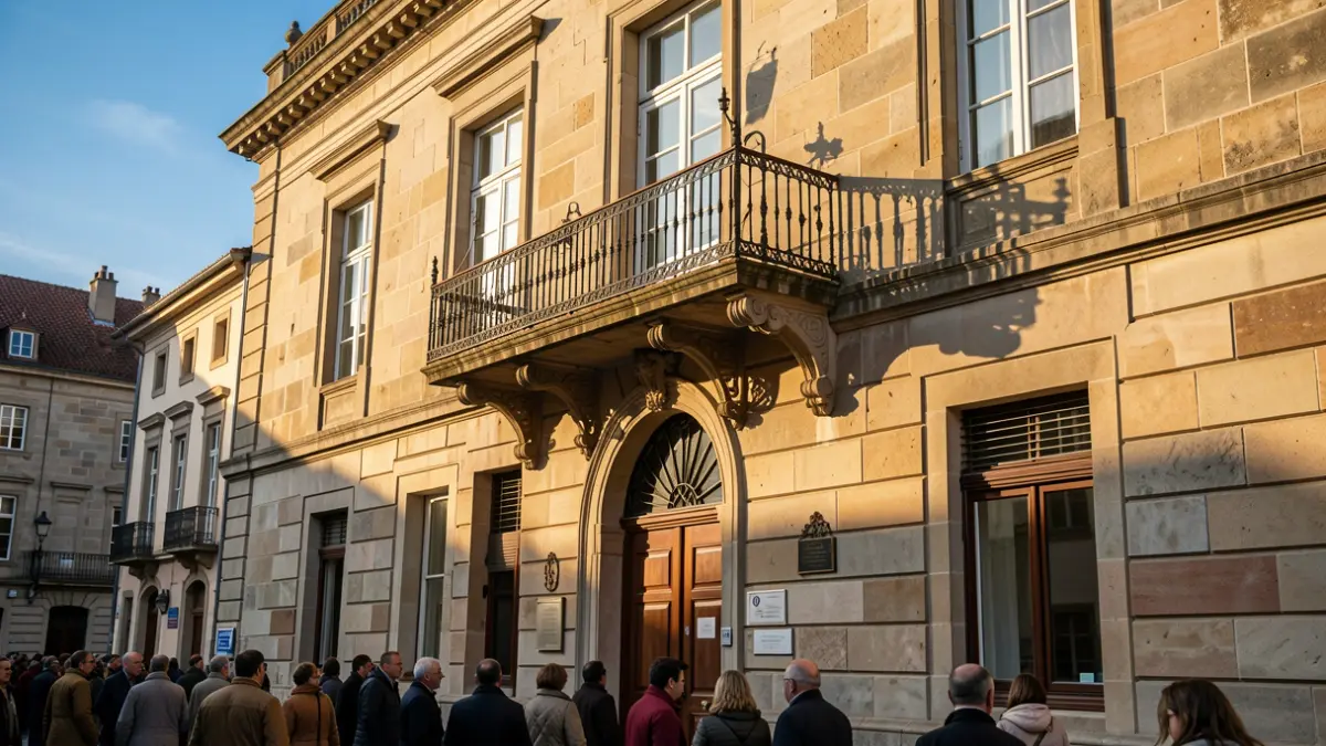 Imaxe xenérica dun concello de pedra en Galicia con balcón ornamentado e raís de ferro, luz solar cálida da tarde.