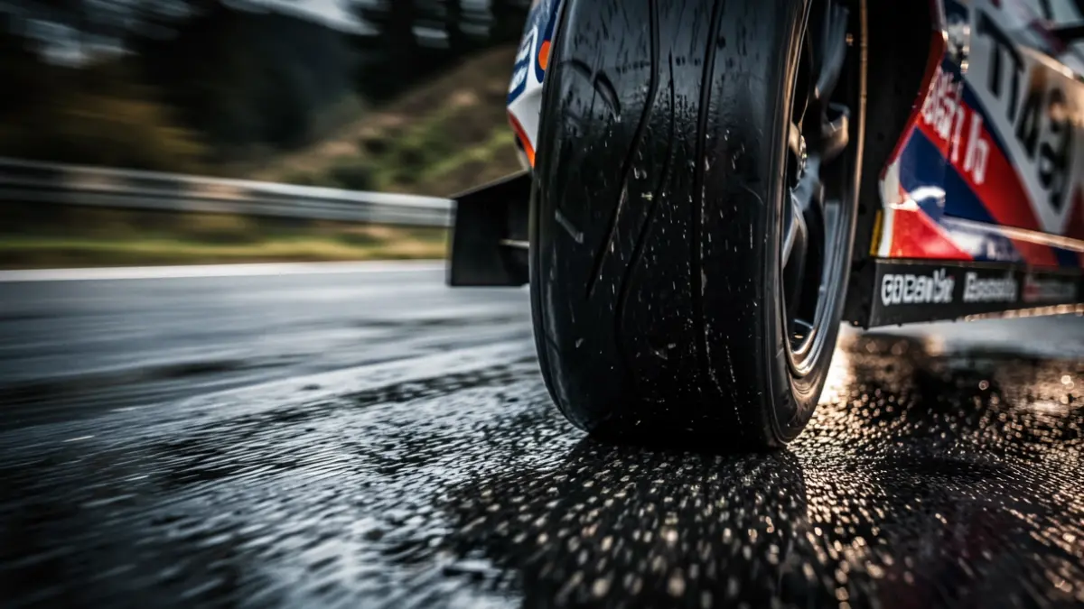 Imagen genérica de un neumático de coche de carreras sobre asfalto.