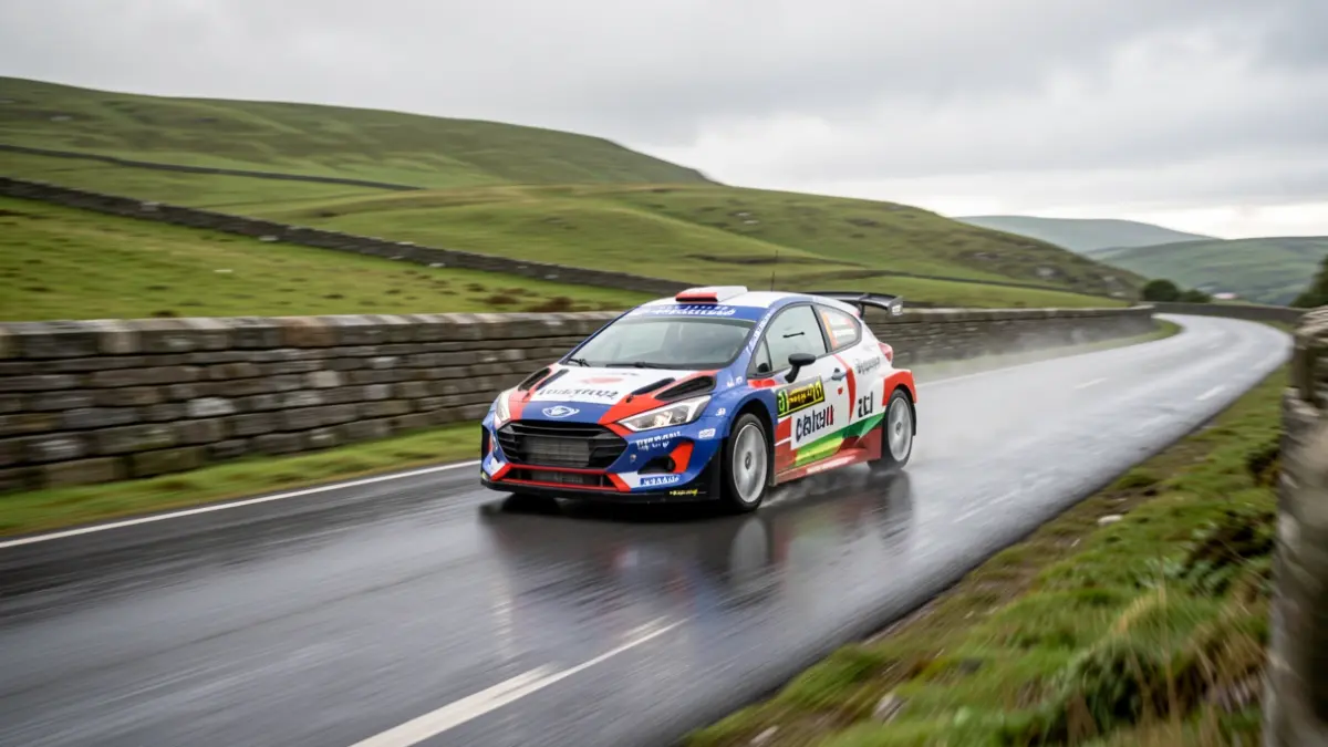 Imagen genérica de un coche de rally corriendo en una carretera mojada en Galicia.