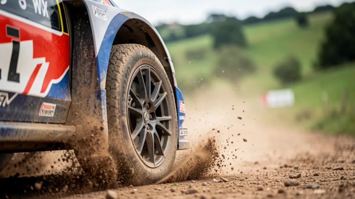 Imaxe dun coche de rally levantando terra nunha pista, coa paisaxe galega difuminada ao fondo.