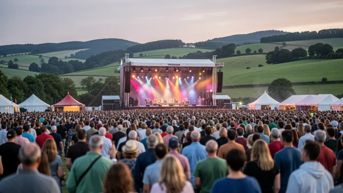 Vista xeral dun escenario de festival de música ao aire libre en Viveiro durante o solpor.