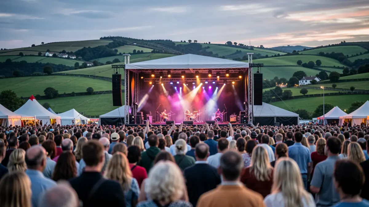 Imaxe dun escenario de festival de música ao aire libre ao atardecer.
