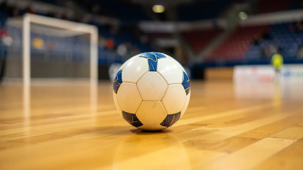 Imaxe xenérica dun balón de fútbol sala nunha pista deportiva.