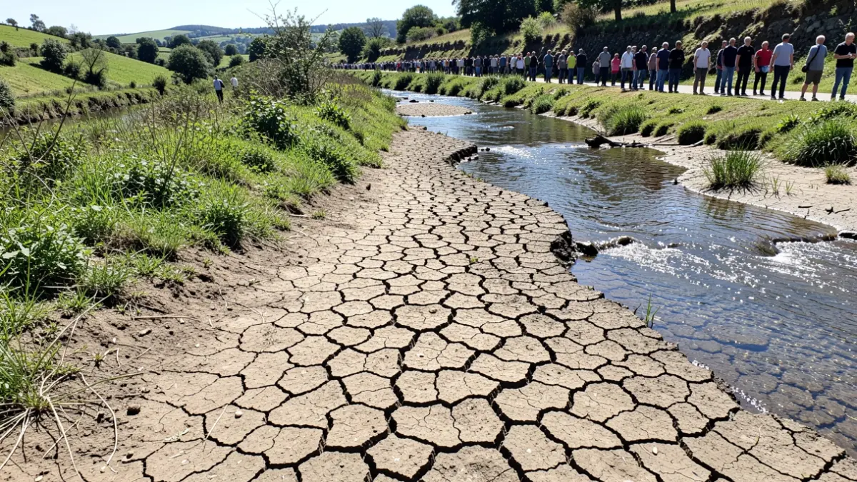 Imaxe dun leito de río seco en Galicia, con pouca auga e terra gretada.