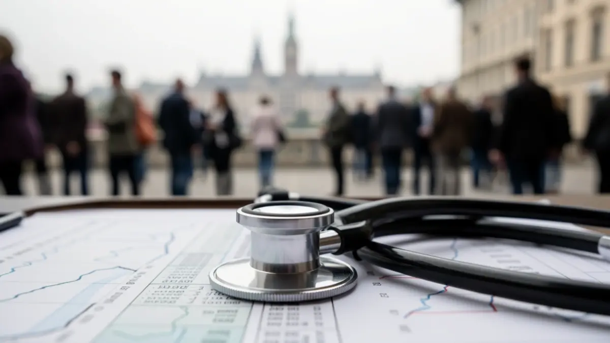Primer plano de un estetoscopio sobre un informe médico con la silueta de Vigo al fondo.