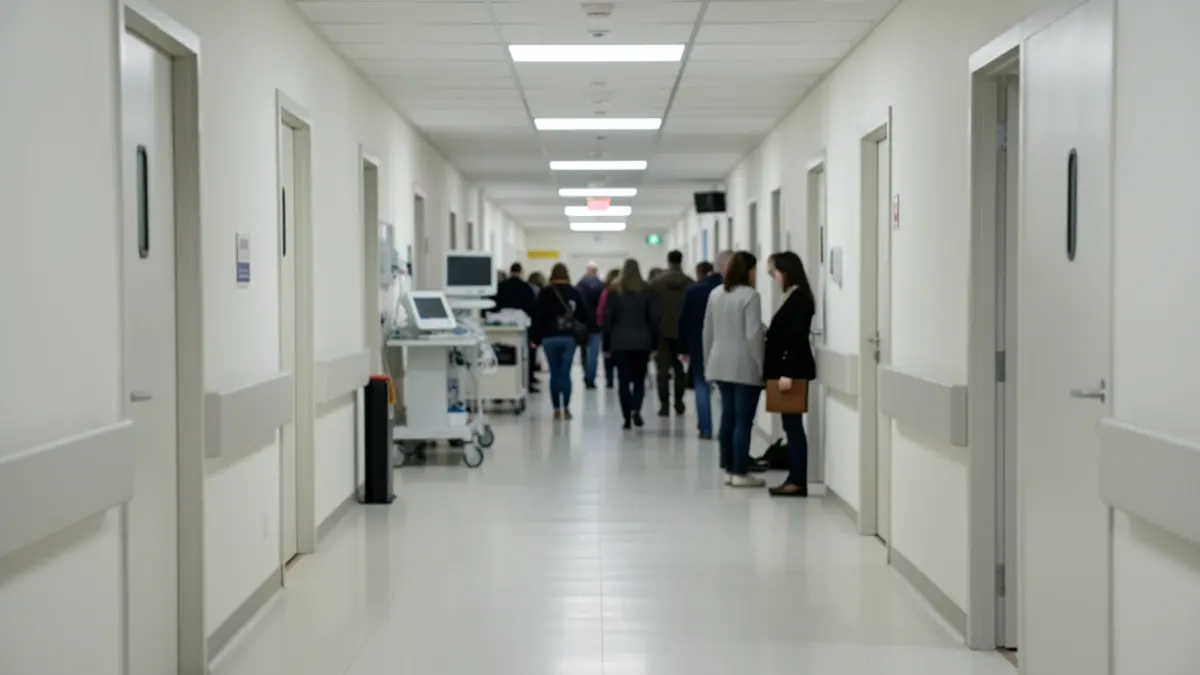 Imaxe xenérica dun corredor de hospital con iluminación clínica.