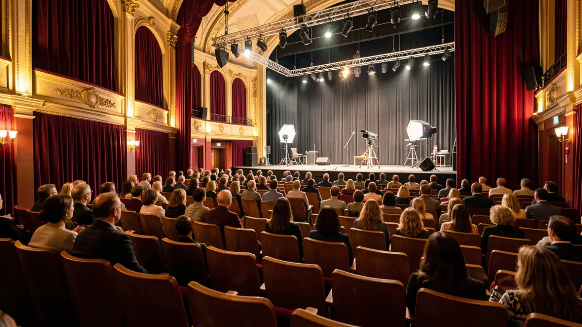 Imagen genérica de un interior de teatro con butacas y escenario iluminado.