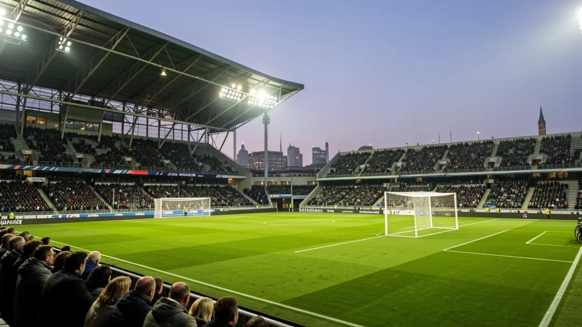 Imaxe xenérica dun estadio de fútbol baleiro pola noite, co céspede iluminado.