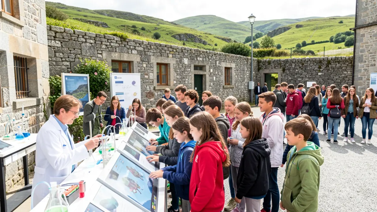 Imagen de un grupo diverso de estudiantes interactuando con contenidos de ciencia y tecnología en un ambiente gallego.