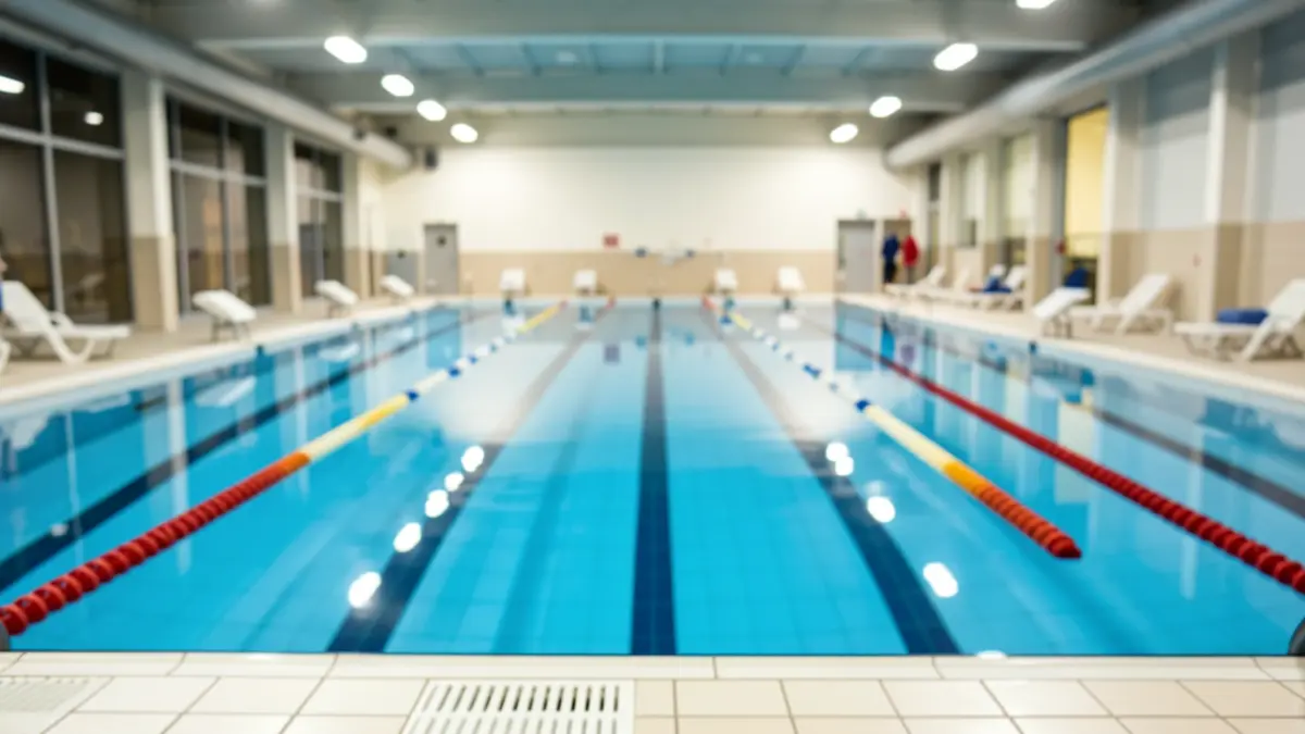 Piscina vacía con agua azul y cuerdas de carril, iluminación artificial brillante.