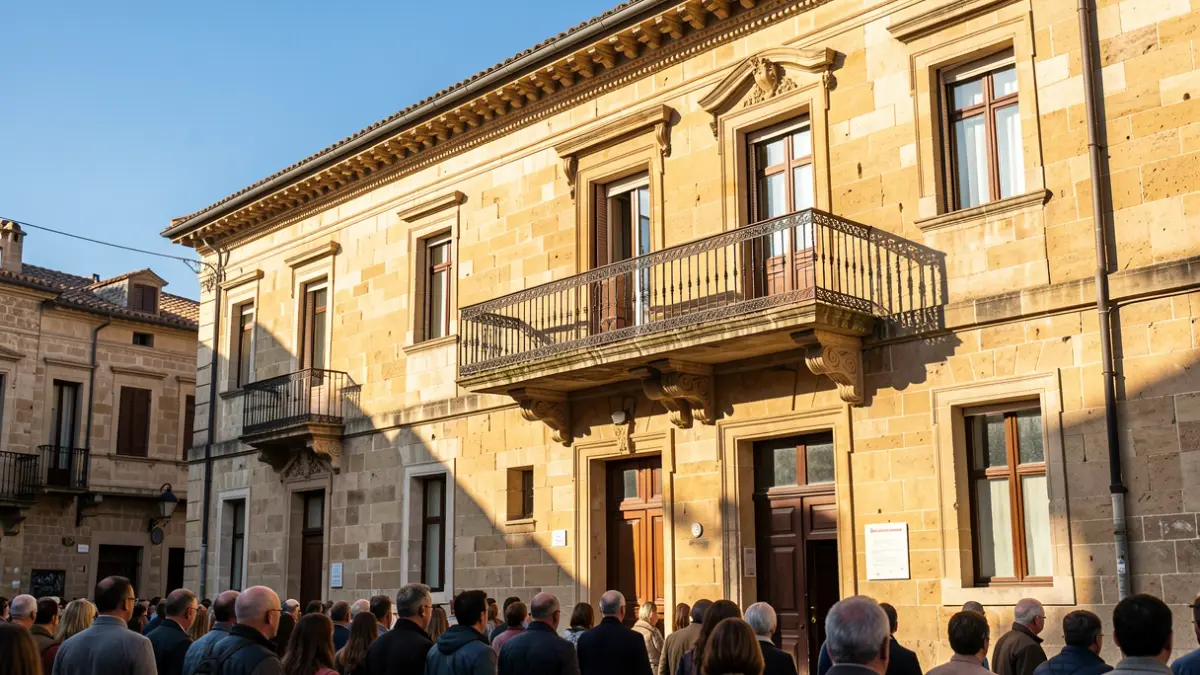 Fachada de pedra dunha casa consistorial galega nunha xornada soleada.