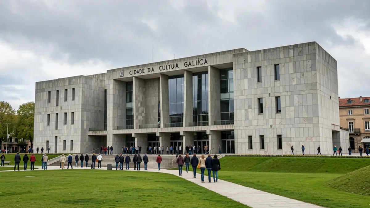 Imaxe xenérica da Cidade da Cultura de Galicia (Gaiás) en Santiago de Compostela, con arquitectura de granito e contorna verde, baixo un ceo atlántico nubrado.