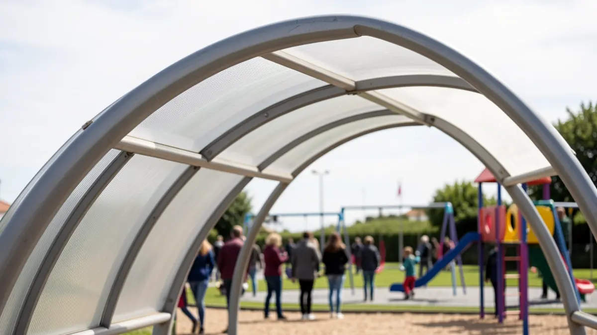 Imaxe dunha estrutura metálica moderna e curvada que proporcionará sombra nun parque infantil en A Coruña.