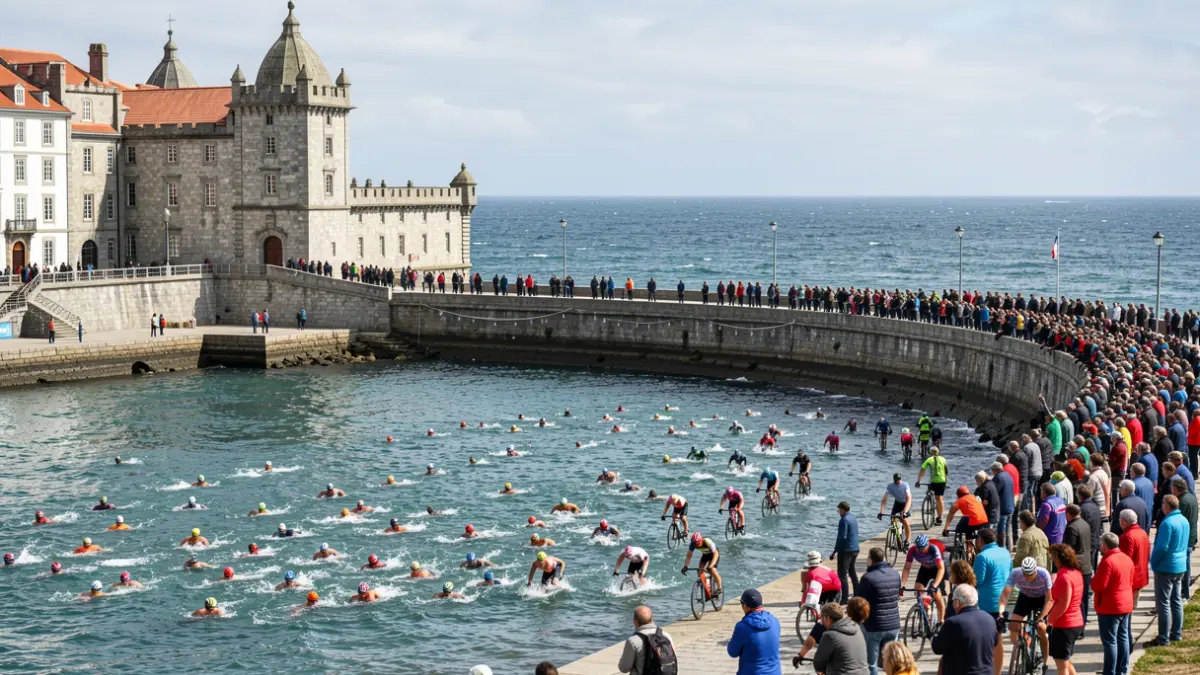 Imagen de una competición de triatlón en Ferrol, con deportistas nadando y corriendo.