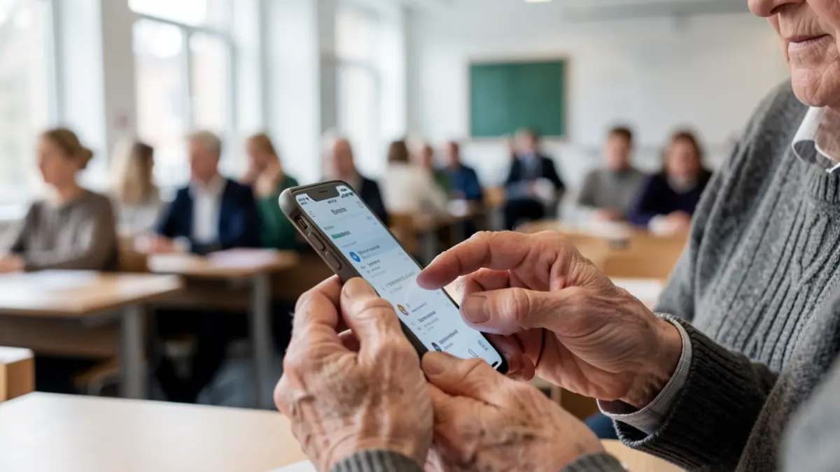 Manos de una persona mayor utilizando un teléfono inteligente en un aula.