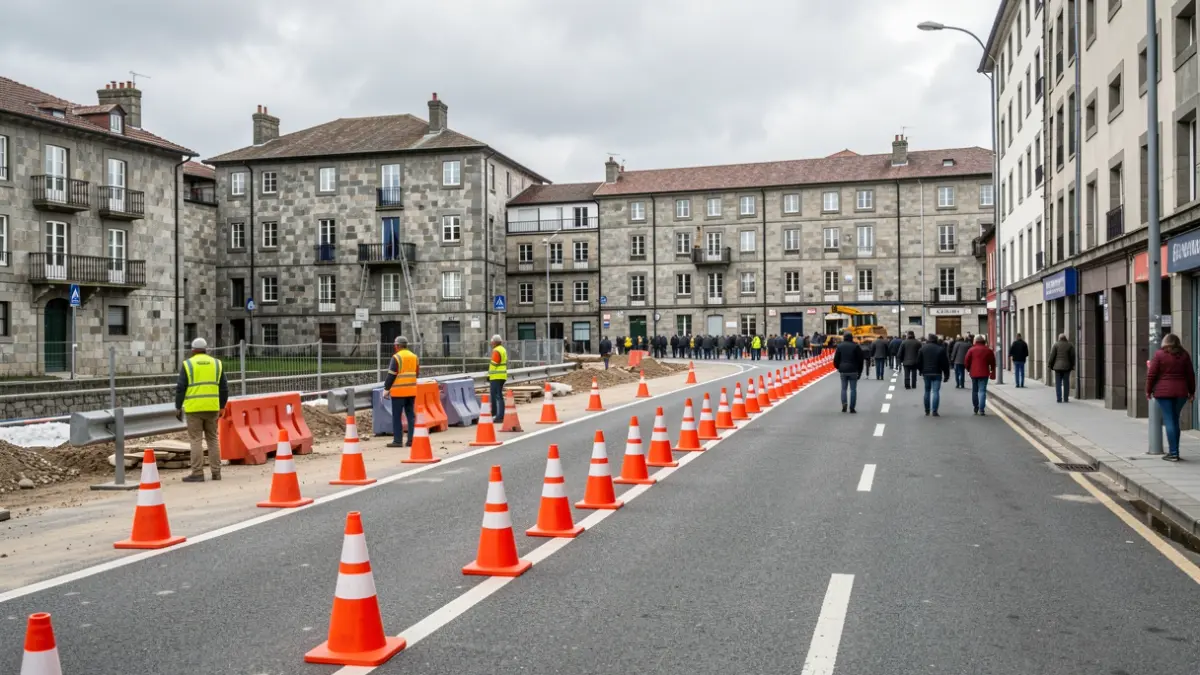 Imaxe dunha obra na Avenida de América en Ribadeo, con barreiras de tráfico e traballadores.
