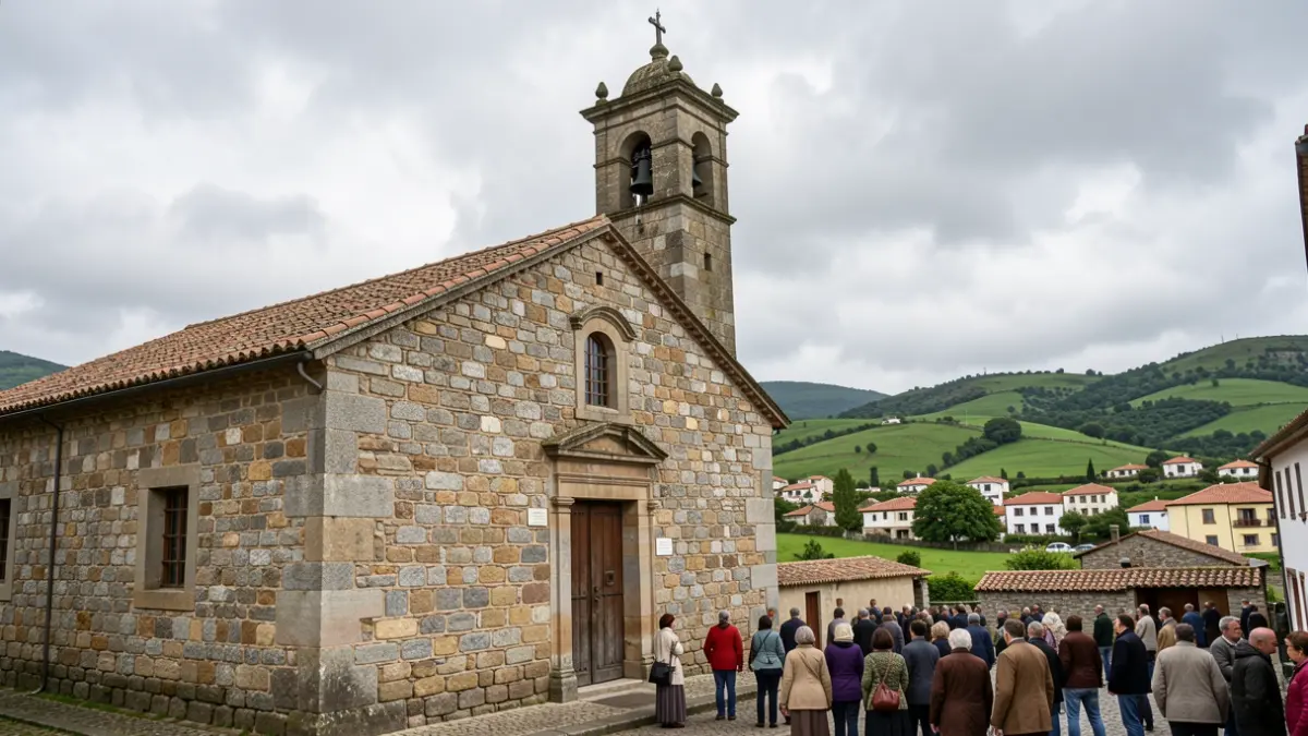Imagen genérica de una iglesia de piedra gallega bajo un cielo nublado.