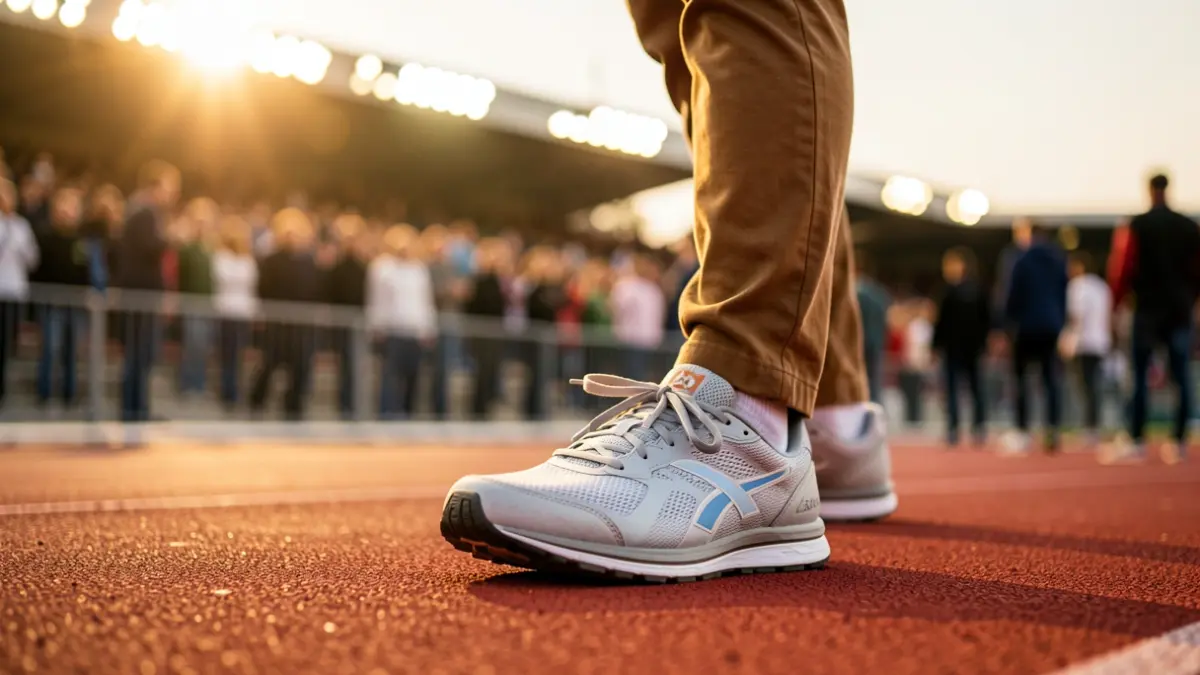 Imaxe xenérica dunha pista de atletismo con luces de estadio e unha zapatilla deportiva.