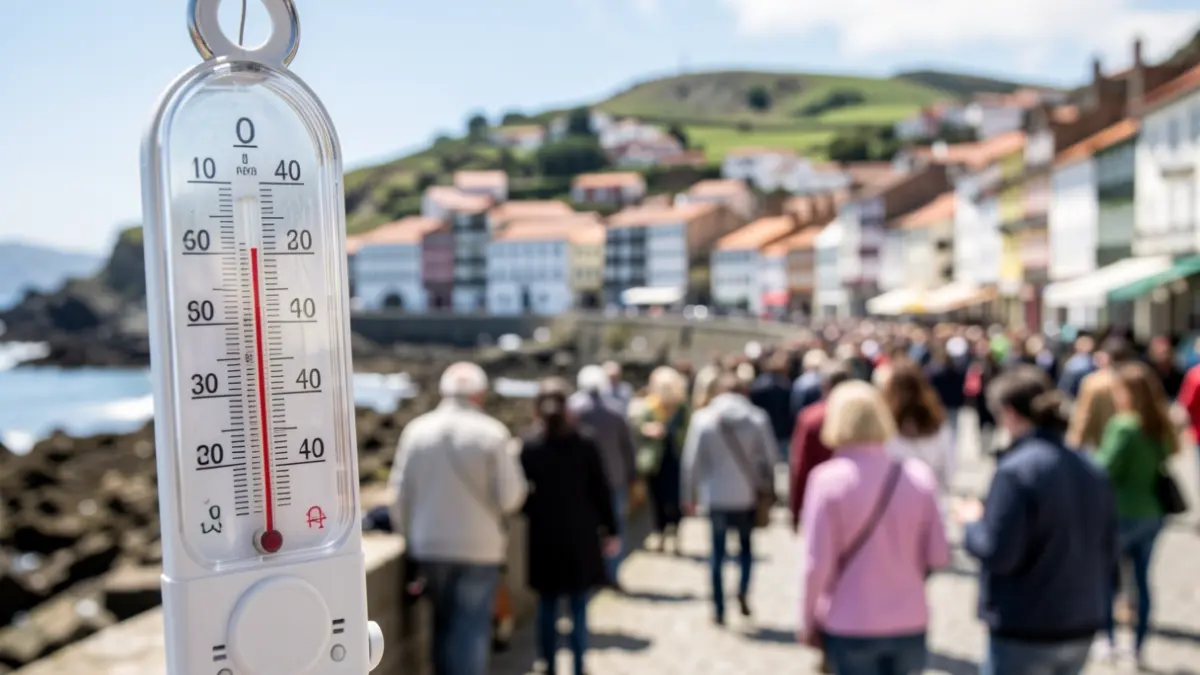 Imaxe xenérica dun termómetro que marca unha alta temperatura baixo un sol brillante, cun fondo desfocado dunha vila costeira de Galicia.