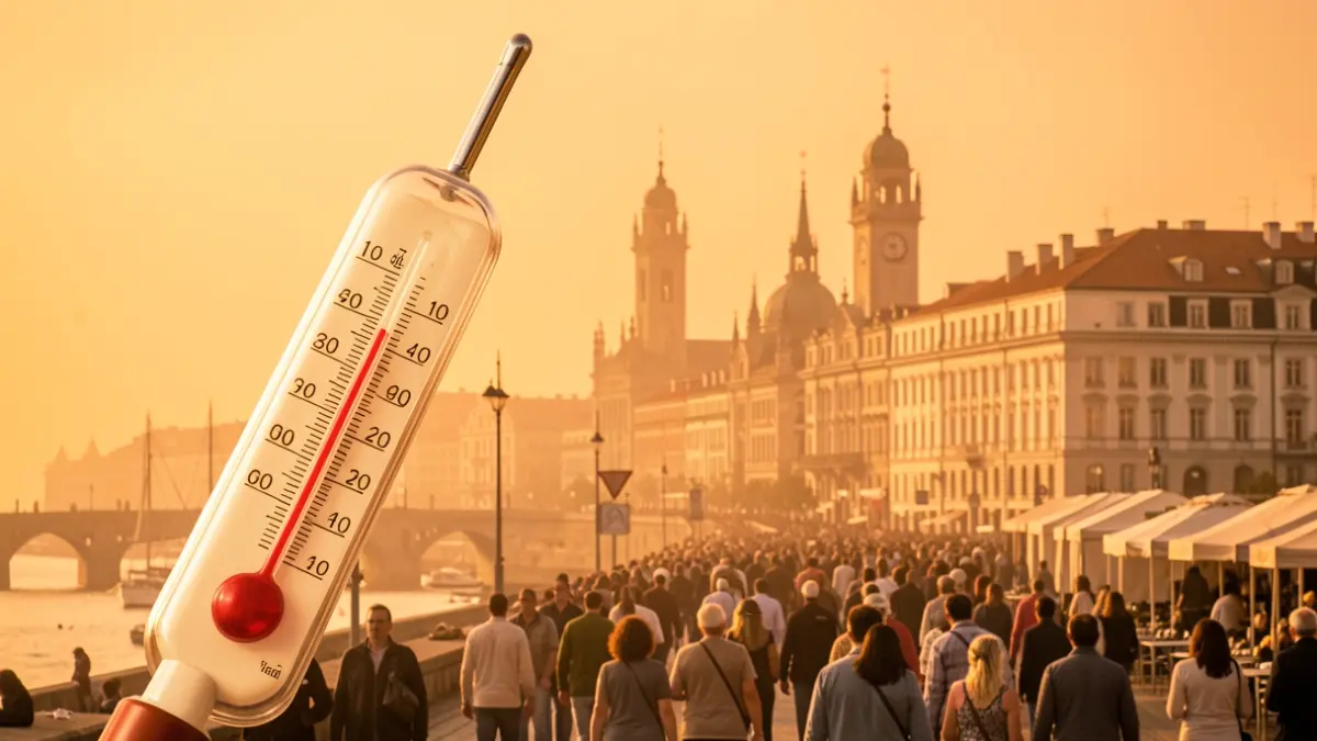 Imaxe dun termómetro cunha temperatura moi alta fronte ao perfil urbano de Vigo baixo un ceo anubrado e caloroso.