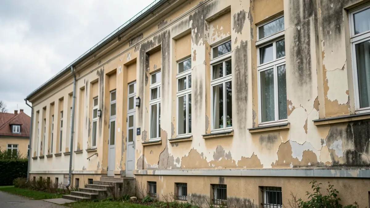 Vista exterior de un colegio con señales de deterioro, como pintura descascarillada y manchas de humedad.