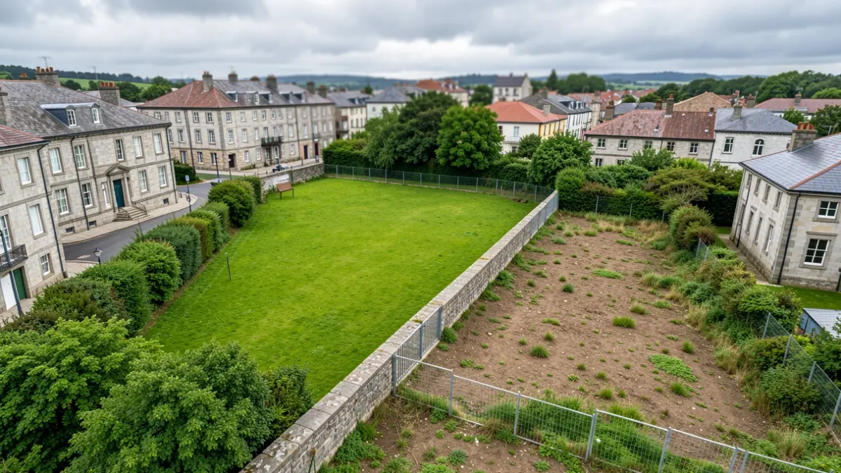 Vista aérea de un parque urbano parcialmente desarrollado en Galicia, mostrando la división entre zona verde pública y terreno privado con muro de piedra y valla metálica.