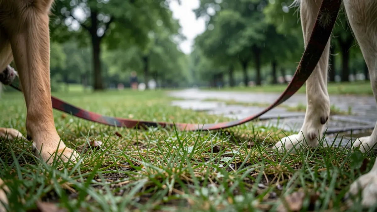 Imaxe xenérica dunha correa de can sobre herba mollada nun parque.