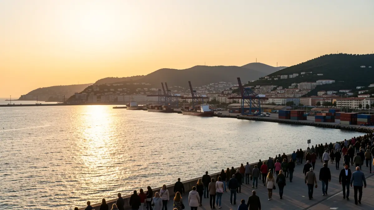 Vista panorámica de la Ría de Vigo al atardecer, con la silueta de la ciudad y elementos portuarios.