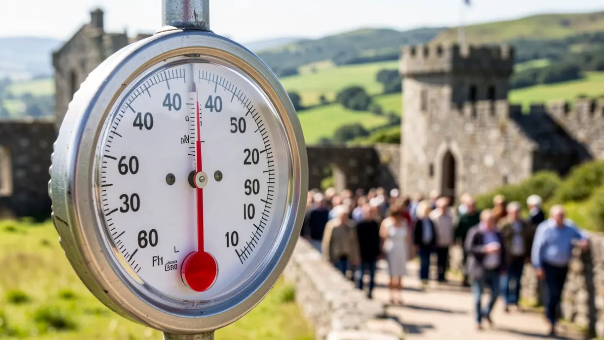 Imagen de un termómetro con una temperatura muy alta en un paisaje gallego soleado.