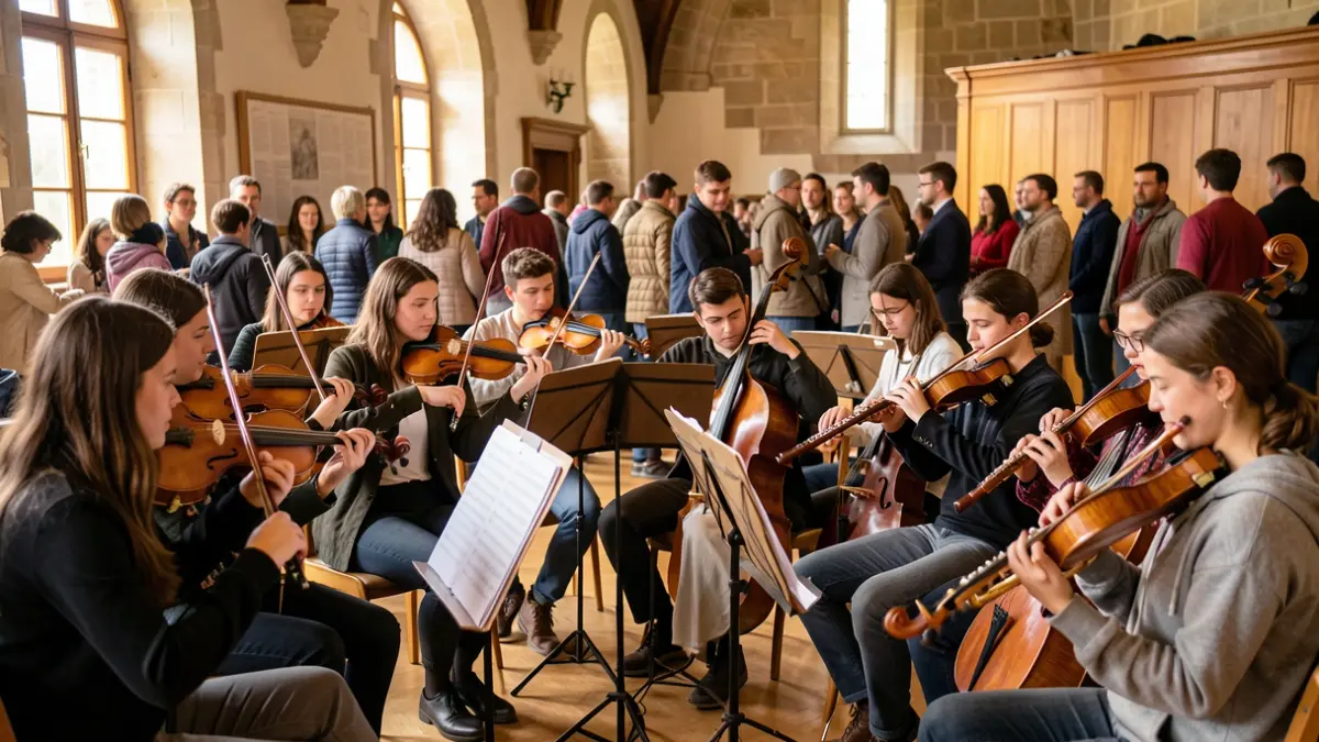 Imaxe dunha orquestra xuvenil da Universidade de Vigo ensaiando con diversos instrumentos.