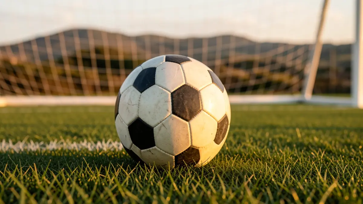 Imaxe xenérica dun balón de fútbol sobre herba cunha rede de meta borrosa ao fondo.