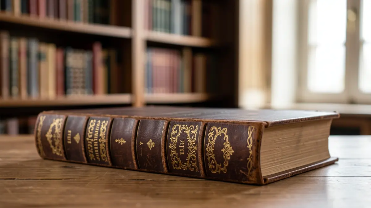 Primeiro plano dun libro antigo de tapa de coiro cunha ornamentada letra dourada no lombo, sobre un escritorio de madeira. Ao fondo, estantes difuminados con máis libros e un toque dunha fiestra con luz suave.