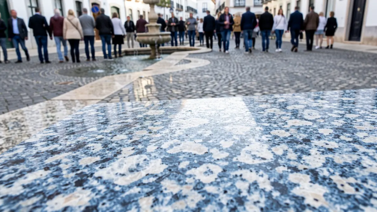 Textura de granito azulado de Pedras Salgadas con elementos de decoración urbana.