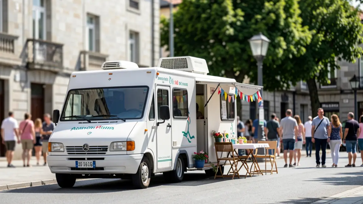 Unidade móbil de doazón de sangue estacionada nunha rúa soleada de Ourense, con elementos de terraza de verán.
