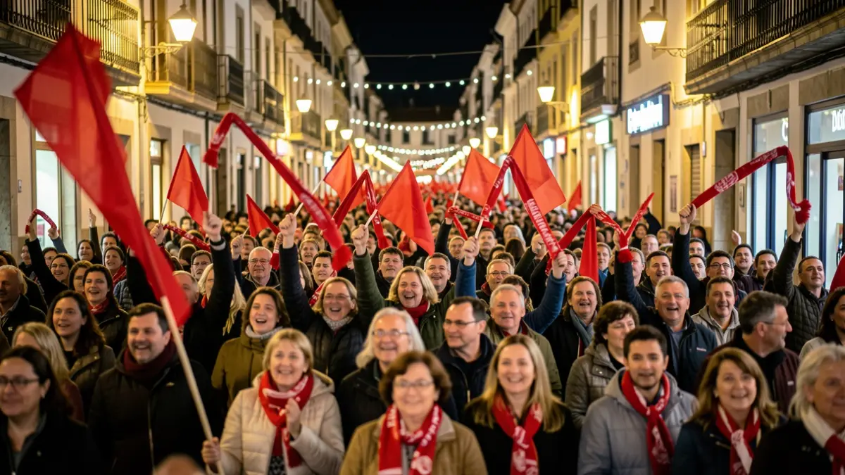 Imagen genérica de una multitud celebrando en la calle por la noche con banderas rojas.