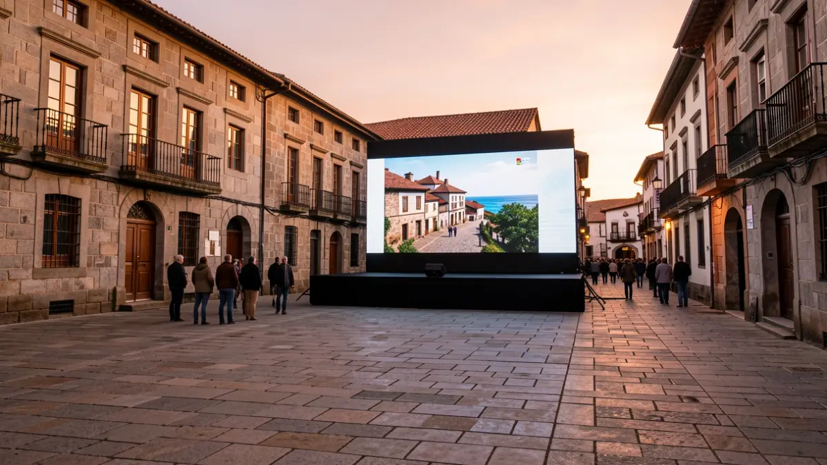 Pantalla xigante instalada nunha praza pública para eventos deportivos.
