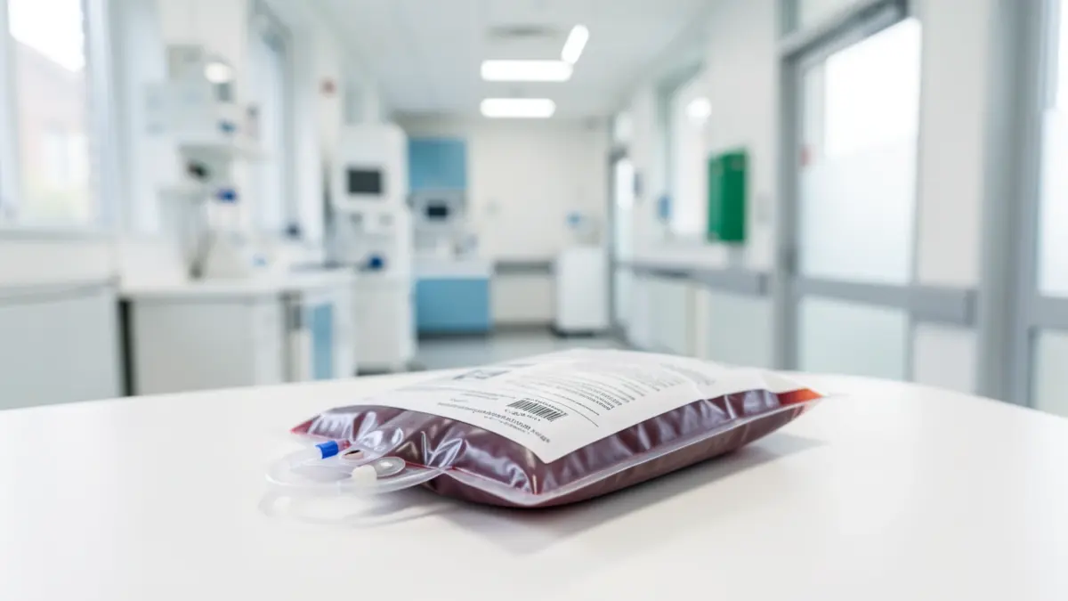 Imaxe xenérica dunha bolsa de doazón de sangue nun entorno sanitario.