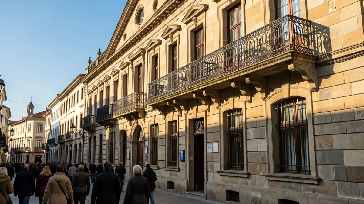Imagen genérica de un ayuntamiento de piedra gallego con balcón de hierro, a la luz del sol de la tarde.