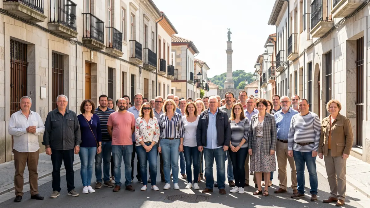 Imaxe xenérica de persoas diversas nunha rúa de Ourense con edificios de granito.