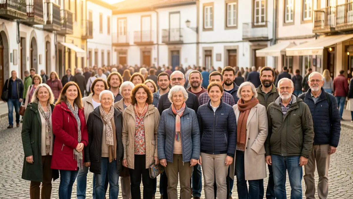 Imaxe xenérica de persoas de diversas etnias e idades xuntas nunha praza galega.