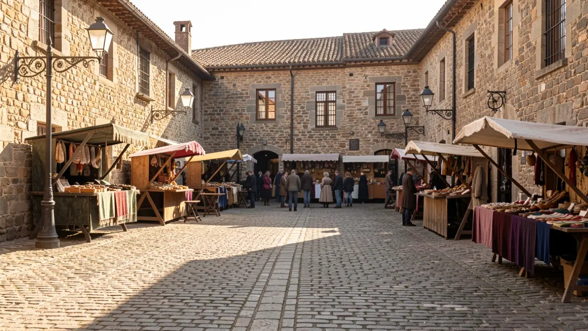 Imagen de una plaza empedrada con puestos de mercado medieval en una villa gallega.