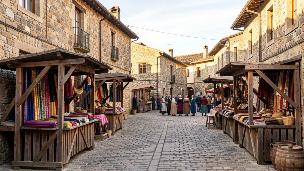 Imaxe dun mercado medieval nunha praza de pedra.