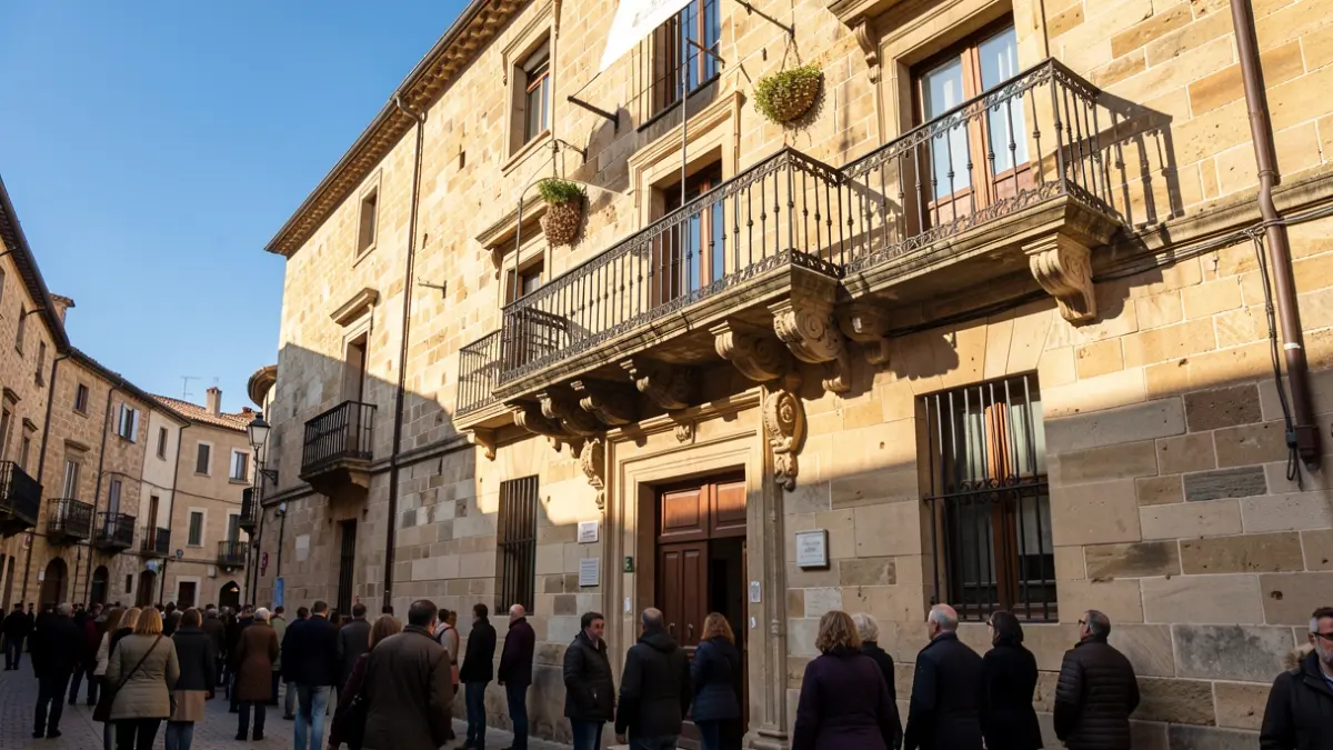 Fachada de pedra dun edificio histórico en Padrón durante unha xornada festiva.