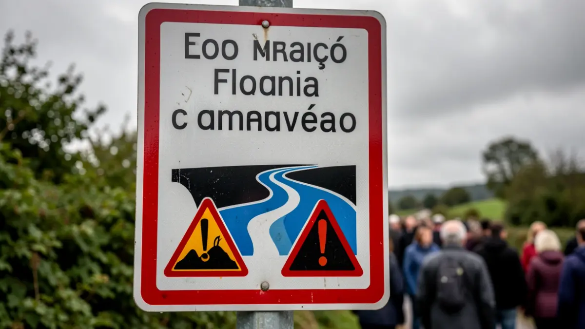 Un panel informativo sobre risco de inundación en Galicia.