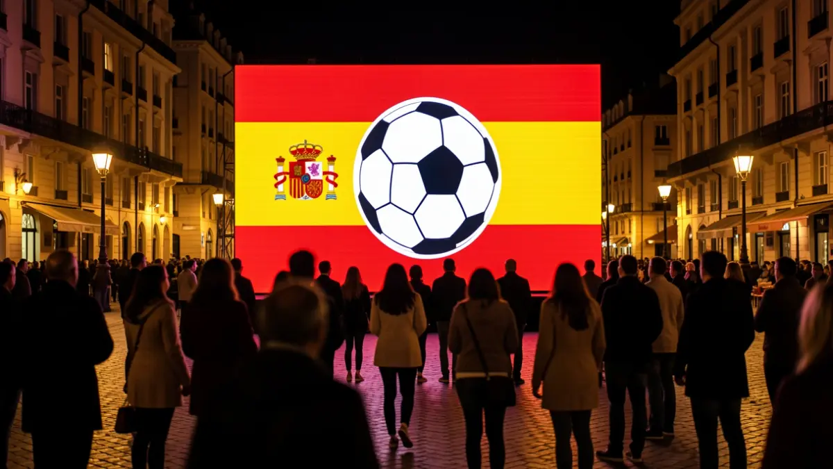 Pantalla gigante instalada en una plaza pública por la noche, con gente delante e imágenes de fútbol.