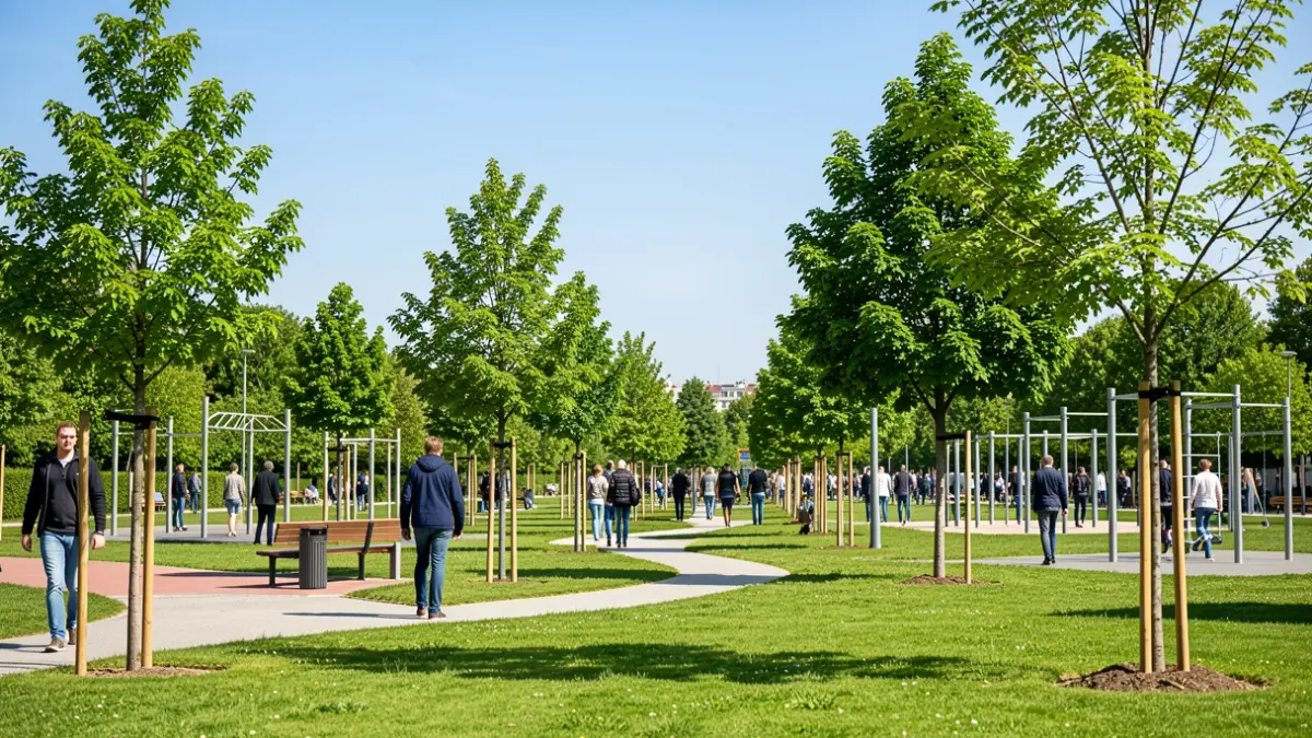 Imaxe xenérica dun parque urbano con zonas verdes, sendeiros e equipamentos deportivos.