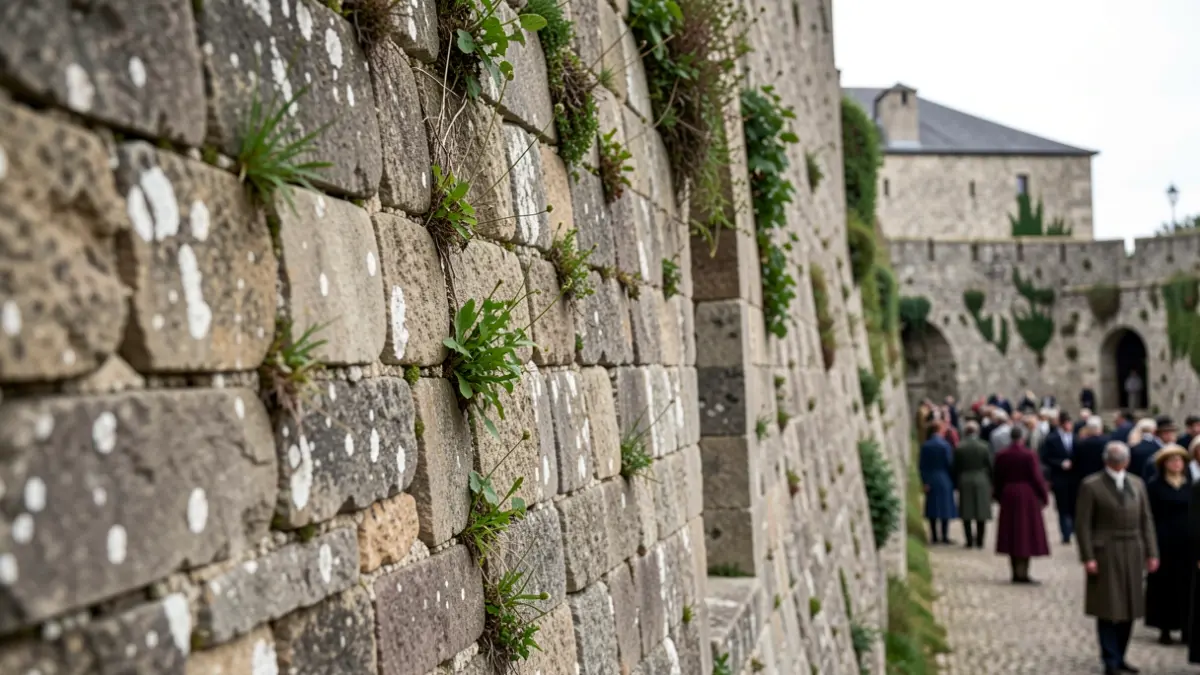 Imagen genérica de muro de piedra de una fortificación militar antigua con vegetación.