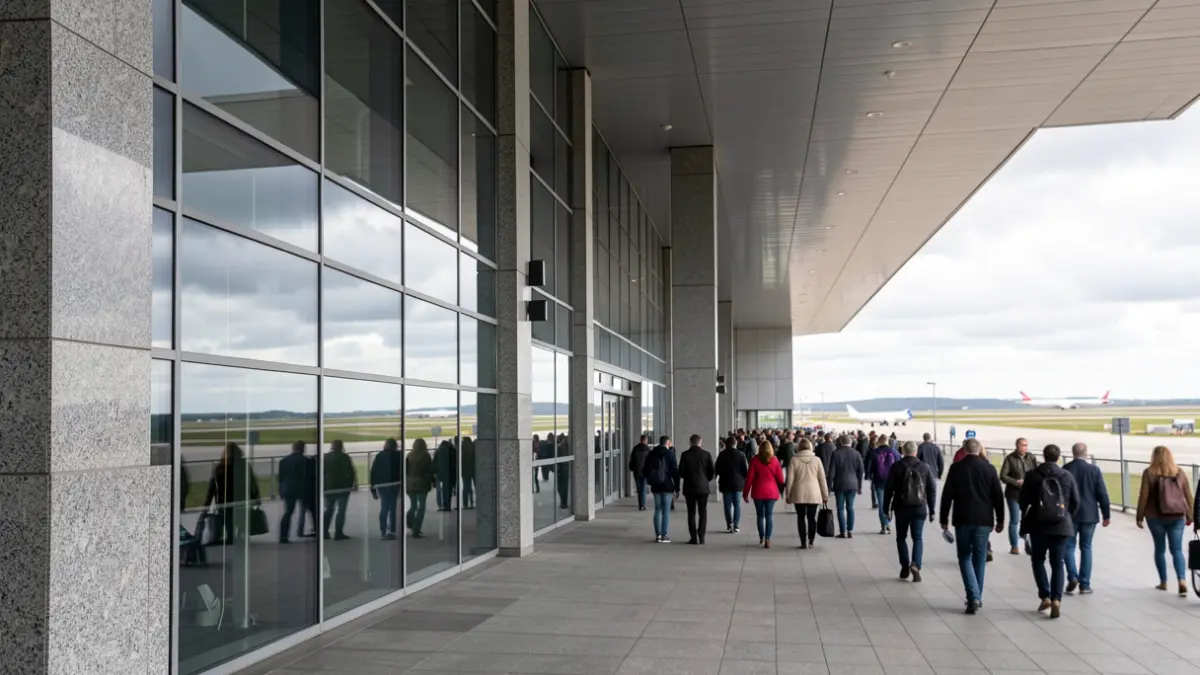 Imaxe xenérica dun aeroporto galego con arquitectura de granito e ceo nubrado.