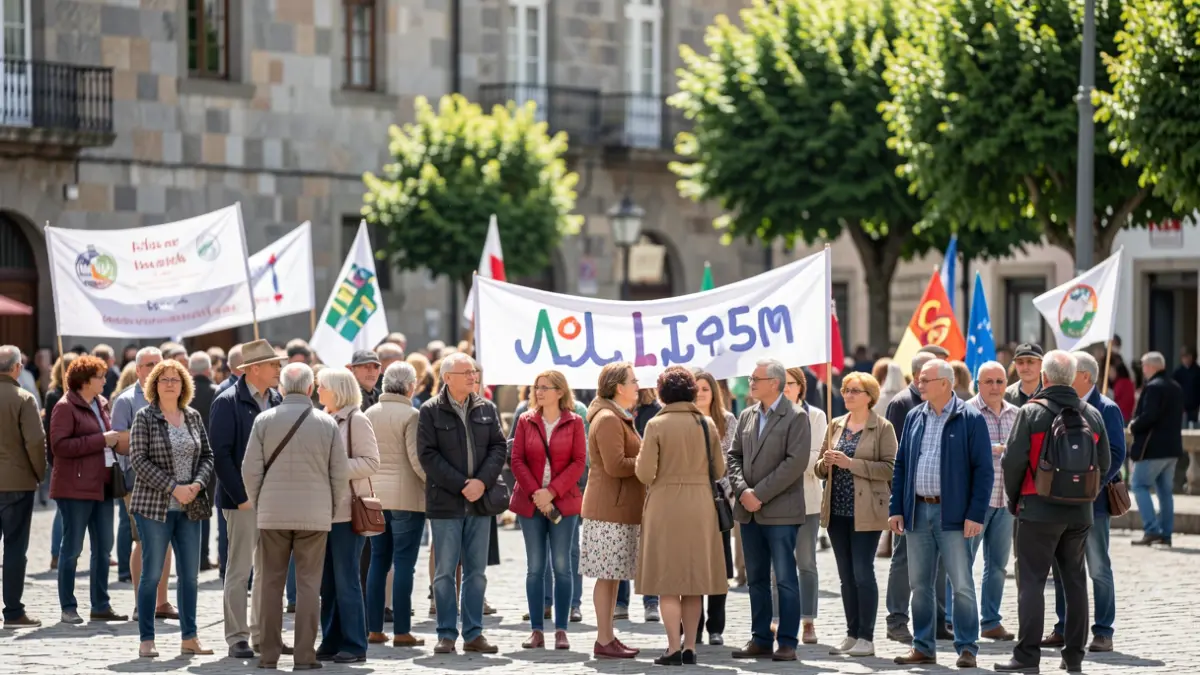 Imaxe xenérica dun evento solidario en Galicia con xente e pancartas.