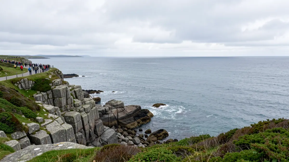 Imagen genérica de la costa gallega con rocas de granito y vegetación verde, mar en calma bajo un cielo nublado.